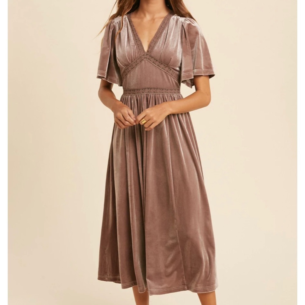 In Loom Romantic Velvet Flutter Sleeve Maxi Dress